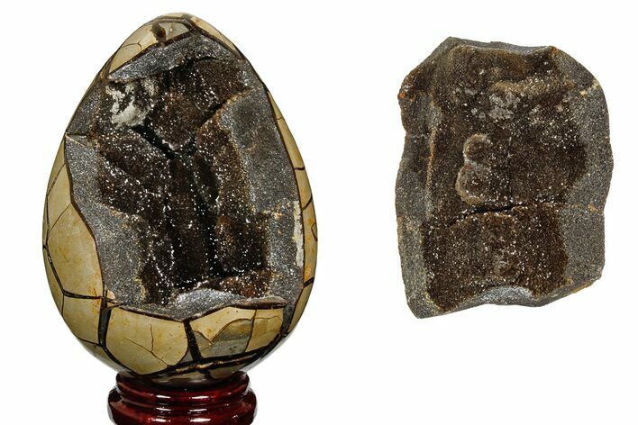 Polished Septarian Puzzle Geode - Black Crystals #177426